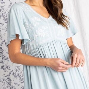 Blue & White Embroidered Dress with Pockets